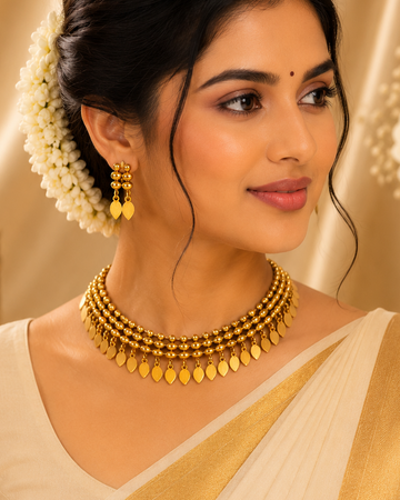 Gold Triple Strand Ball Bead Leaf Drop Choker Necklace Set | OL116