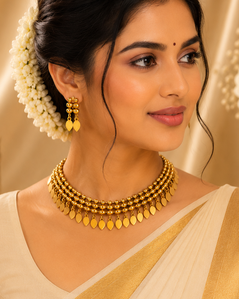 Gold Triple Strand Ball Bead Leaf Drop Choker Necklace Set | OL116