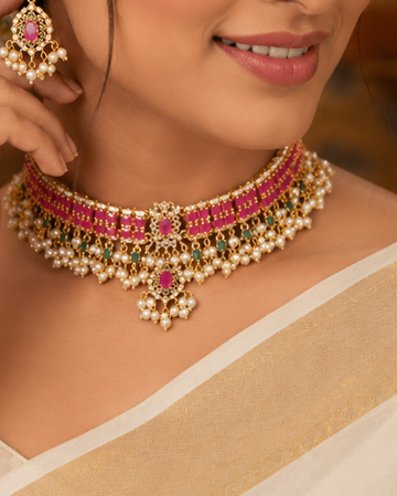 Gold Ruby Emerald Rectangle CZ Pave Choker Necklace Set with Pearl Drops | OG16