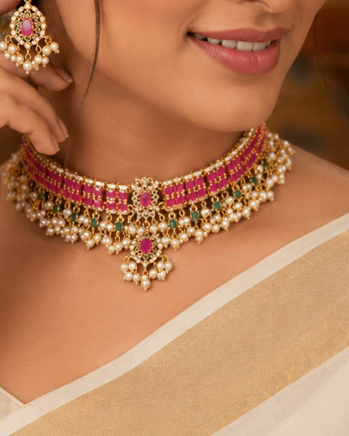 Gold Ruby Emerald Rectangle CZ Pave Choker Necklace Set with Pearl Drops | OG16