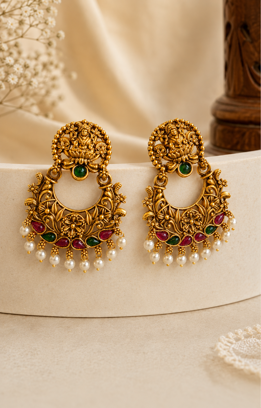 Antique Gold Goddess Lakshmi Lotus Chandbali Earrings with Pearl Drops | OLS1
