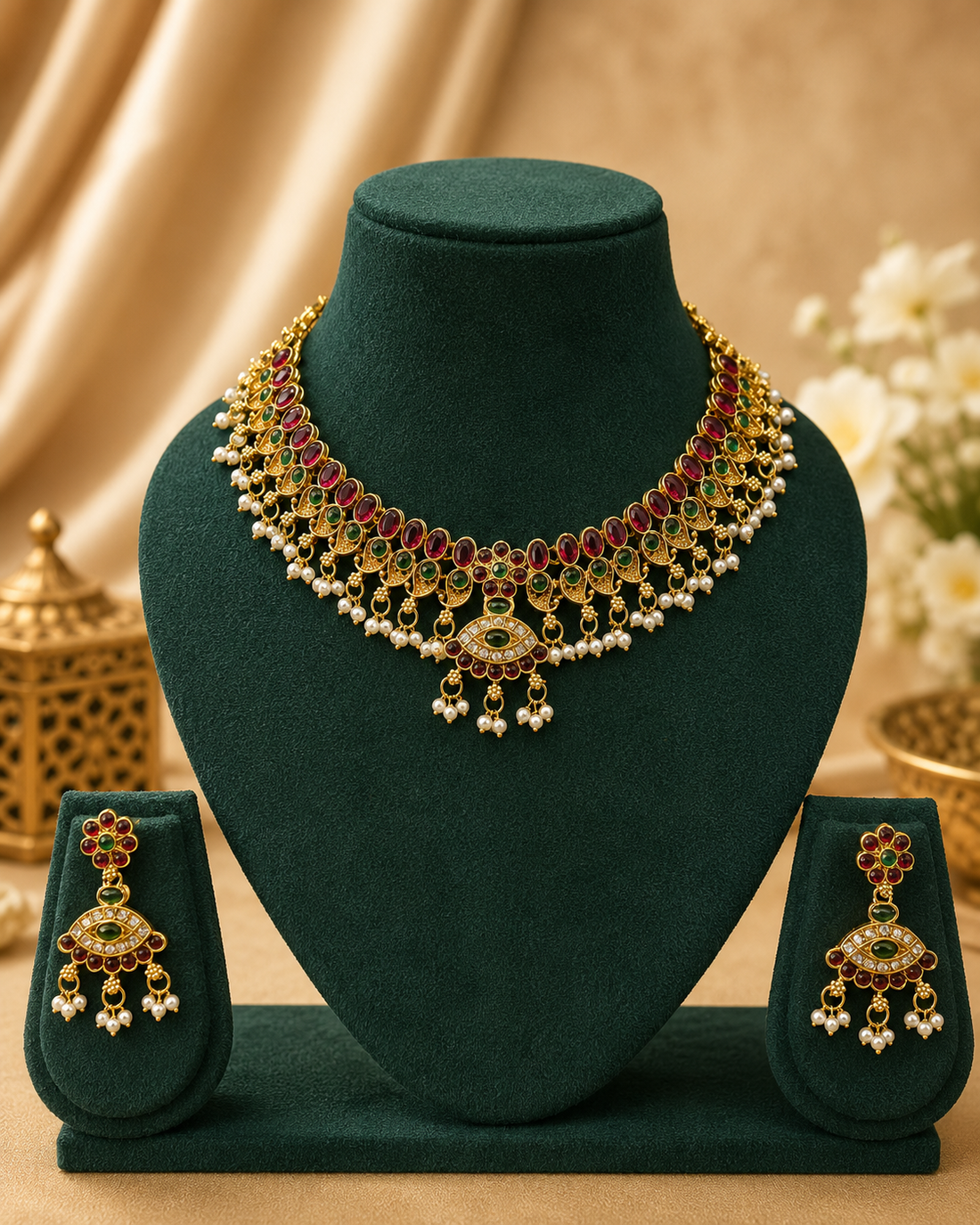 Antique Gold Ruby Emerald Oval Cabochon Leaf Choker Necklace Set | OL97