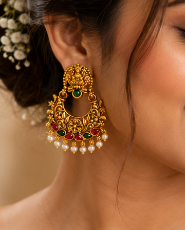 Antique Gold Goddess Lakshmi Lotus Chandbali Earrings with Pearl Drops | OLS1