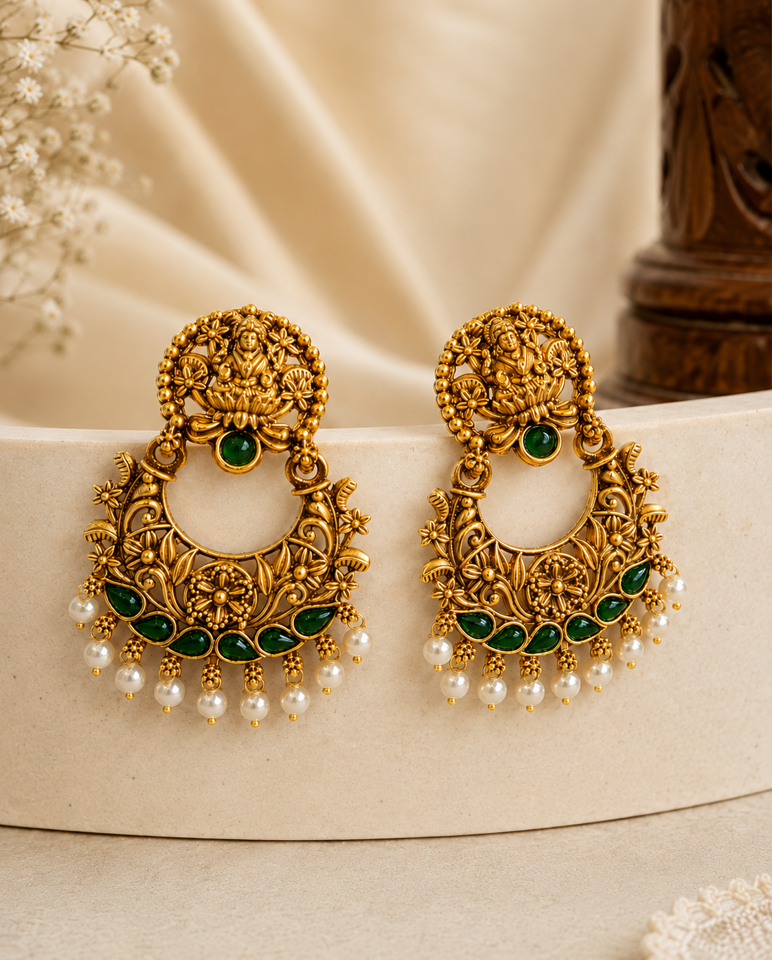 Antique Gold Goddess Lakshmi Lotus Chandbali Earrings with Pearl Drops | OLS1