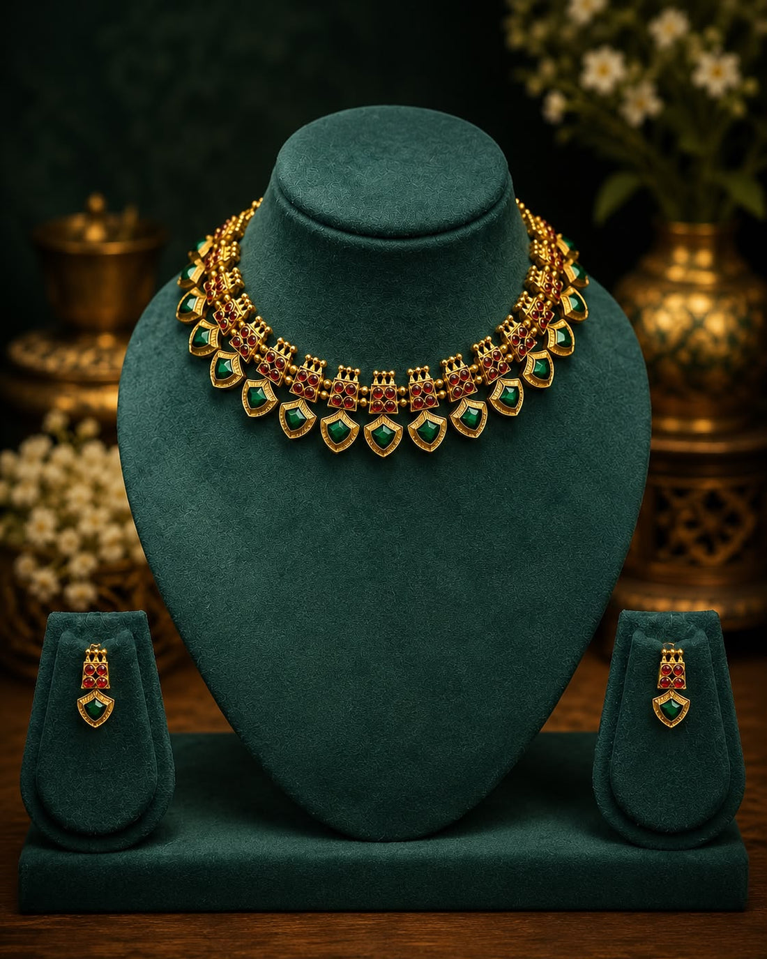 Antique Gold Ruby Crown Emerald Shield Motif Choker Necklace Set | OL85