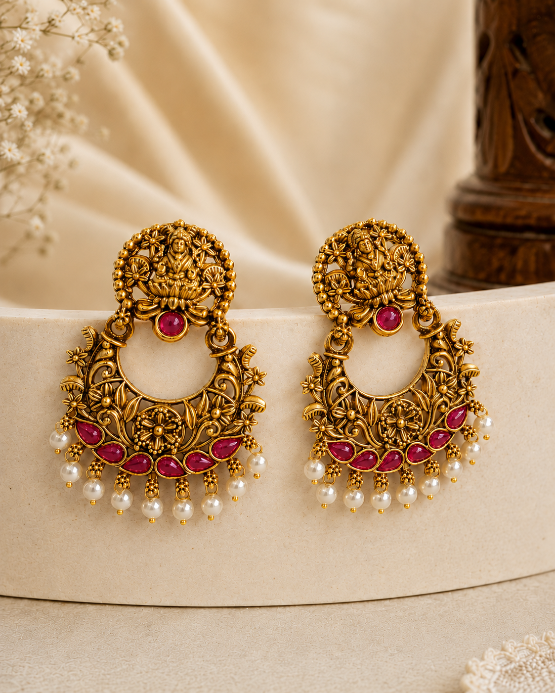 Antique Gold Goddess Lakshmi Lotus Chandbali Earrings with Pearl Drops | OLS1