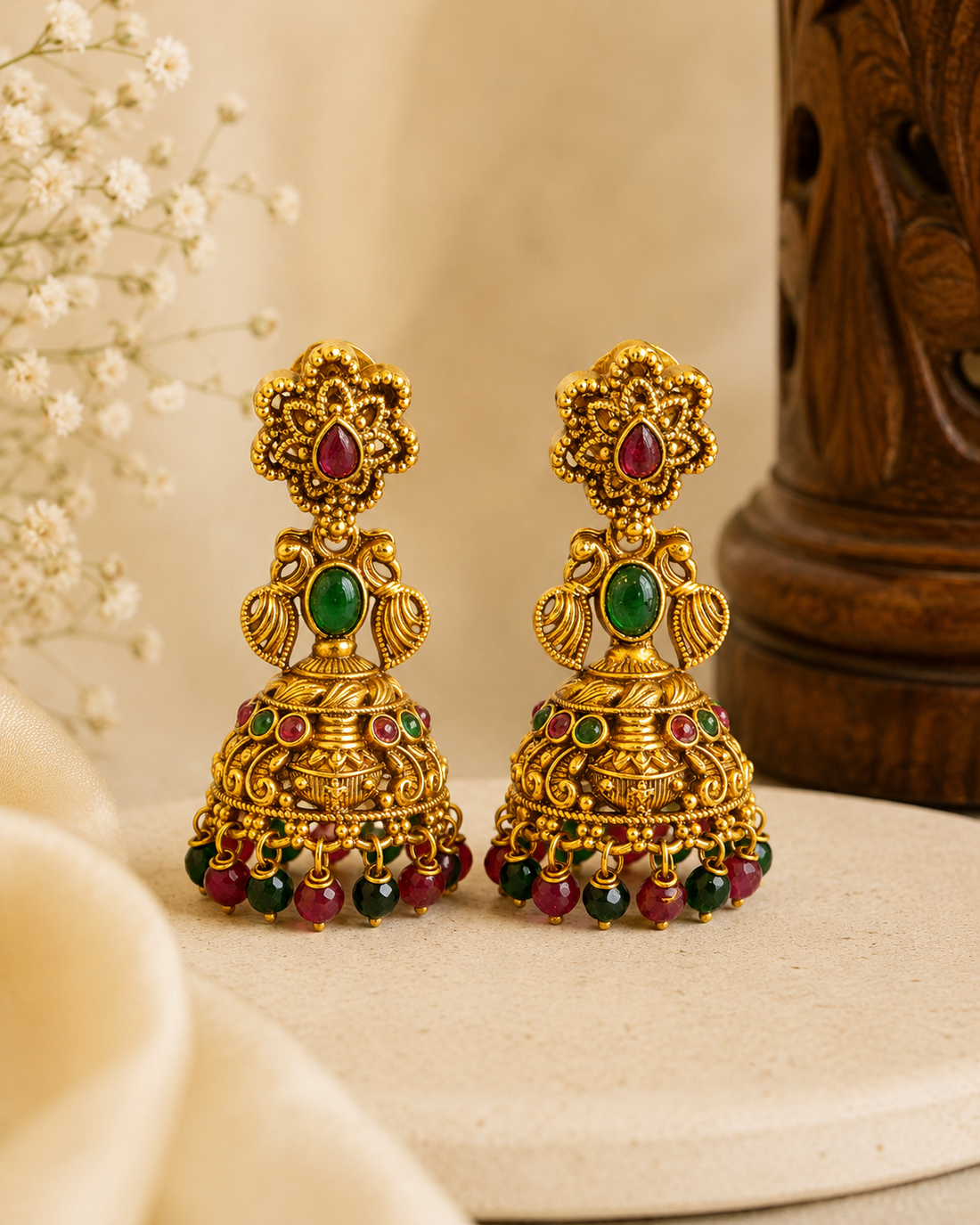 Antique Gold Ruby Emerald Cabochon Grand Dome Jhumka Earrings | OLS12