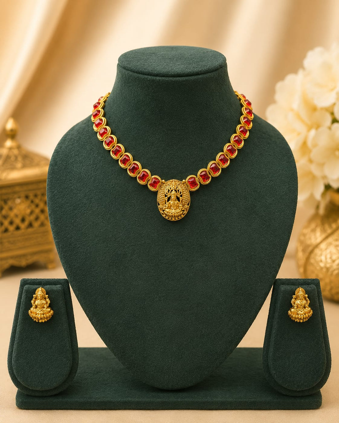 Antique Gold Ruby Square Bezel Lakshmi Pendant Necklace Set | L7746