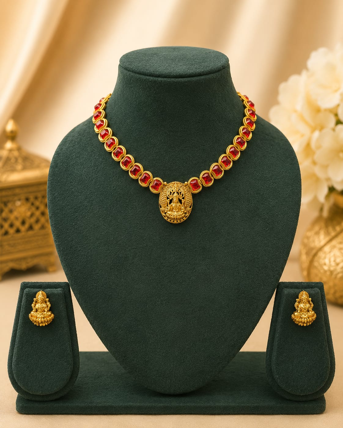 Antique Gold Ruby Square Bezel Lakshmi Pendant Necklace Set | L7746