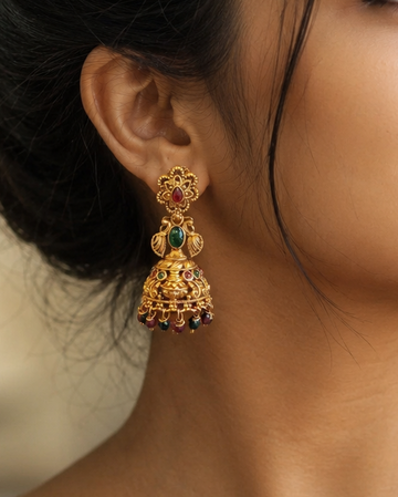 Antique Gold Ruby Emerald Cabochon Grand Dome Jhumka Earrings | OLS12