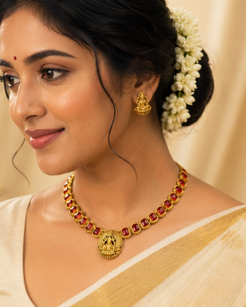 Antique Gold Ruby Square Bezel Lakshmi Pendant Necklace Set | L7746