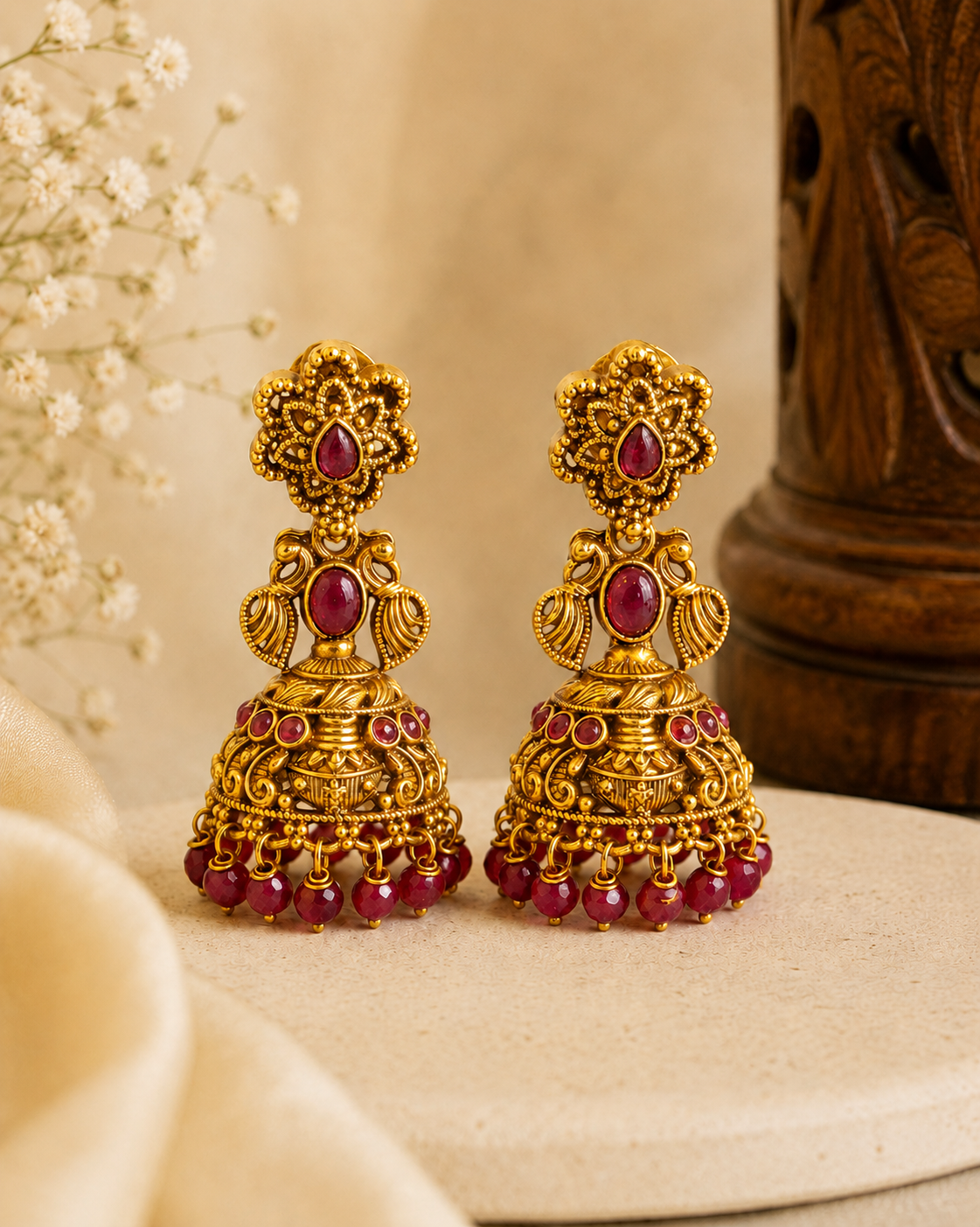 Antique Gold Ruby Emerald Cabochon Grand Dome Jhumka Earrings | OLS12