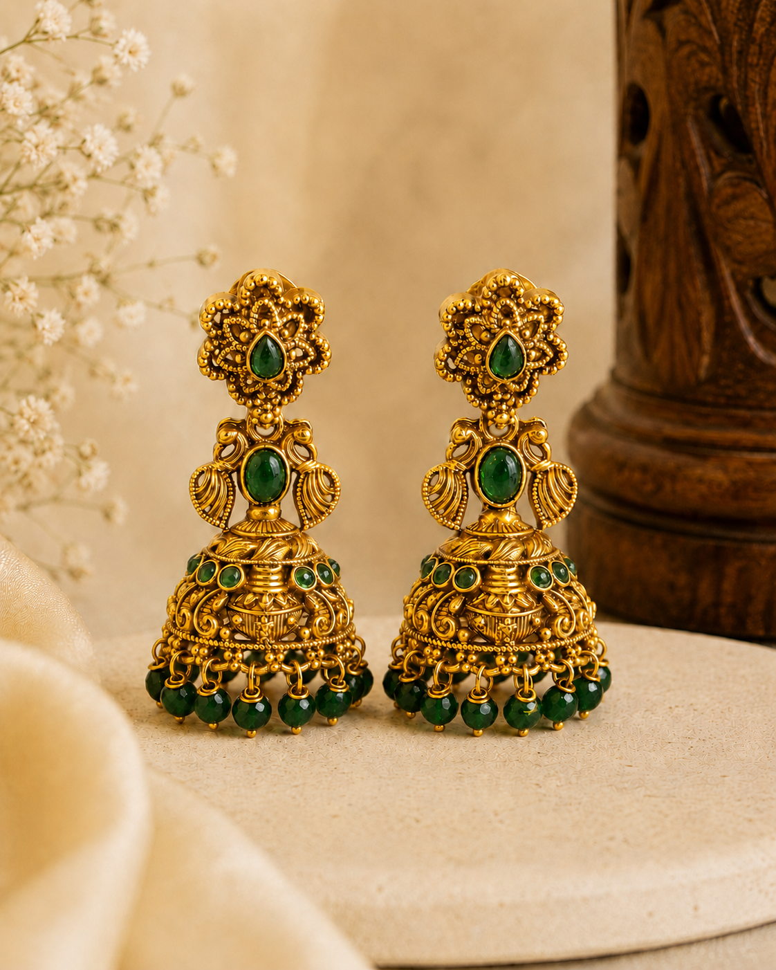 Antique Gold Ruby Emerald Cabochon Grand Dome Jhumka Earrings | OLS12