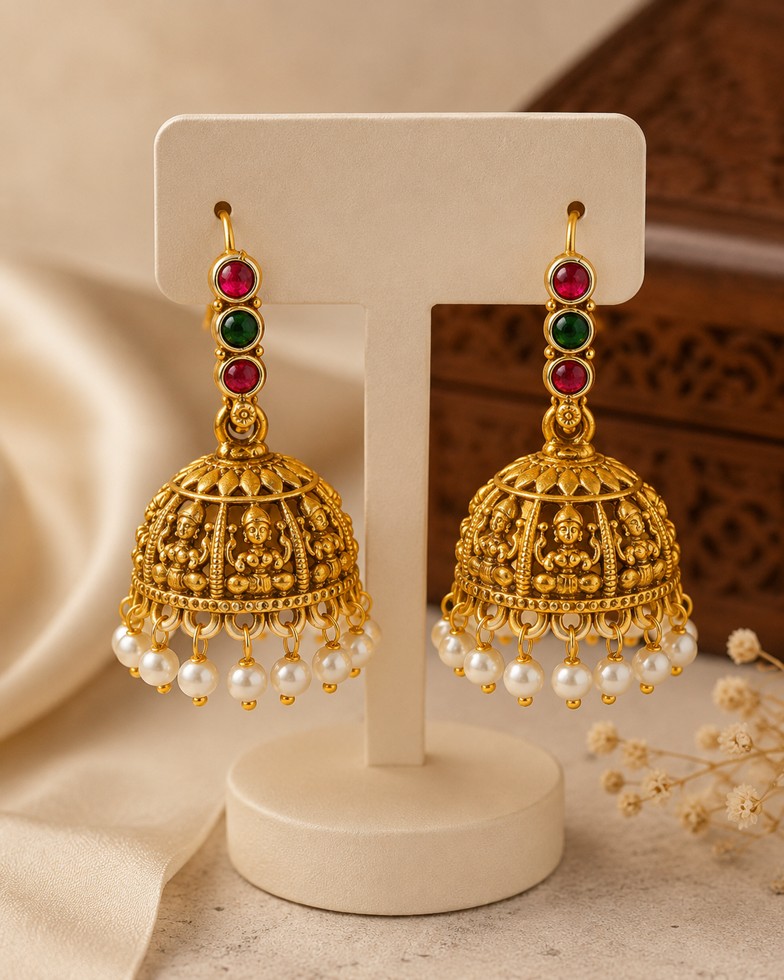 Antique Gold Goddess Lakshmi Open Cage Dome Jhumka Earrings | OLS1