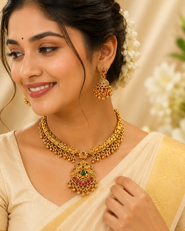Antique Gold Nakshi Peacock Pendant Choker Necklace Set with Jhumkas | OL73