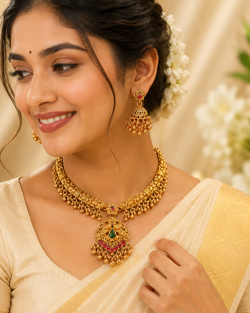 Antique Gold Nakshi Peacock Pendant Choker Necklace Set with Jhumkas | OL73