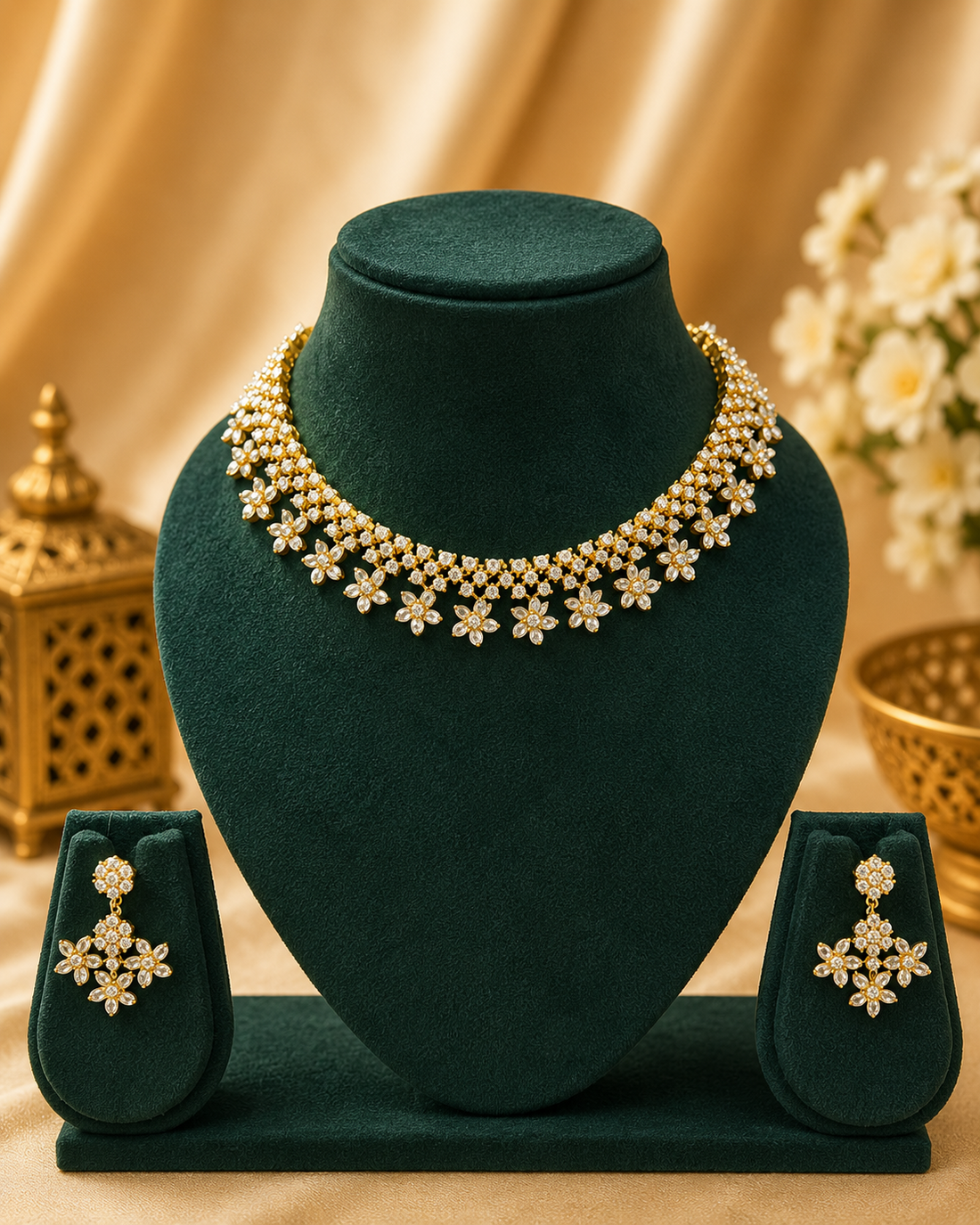 Gold CZ Marquise Pearl Cluster Daisy Flower Choker Necklace Set | L11156