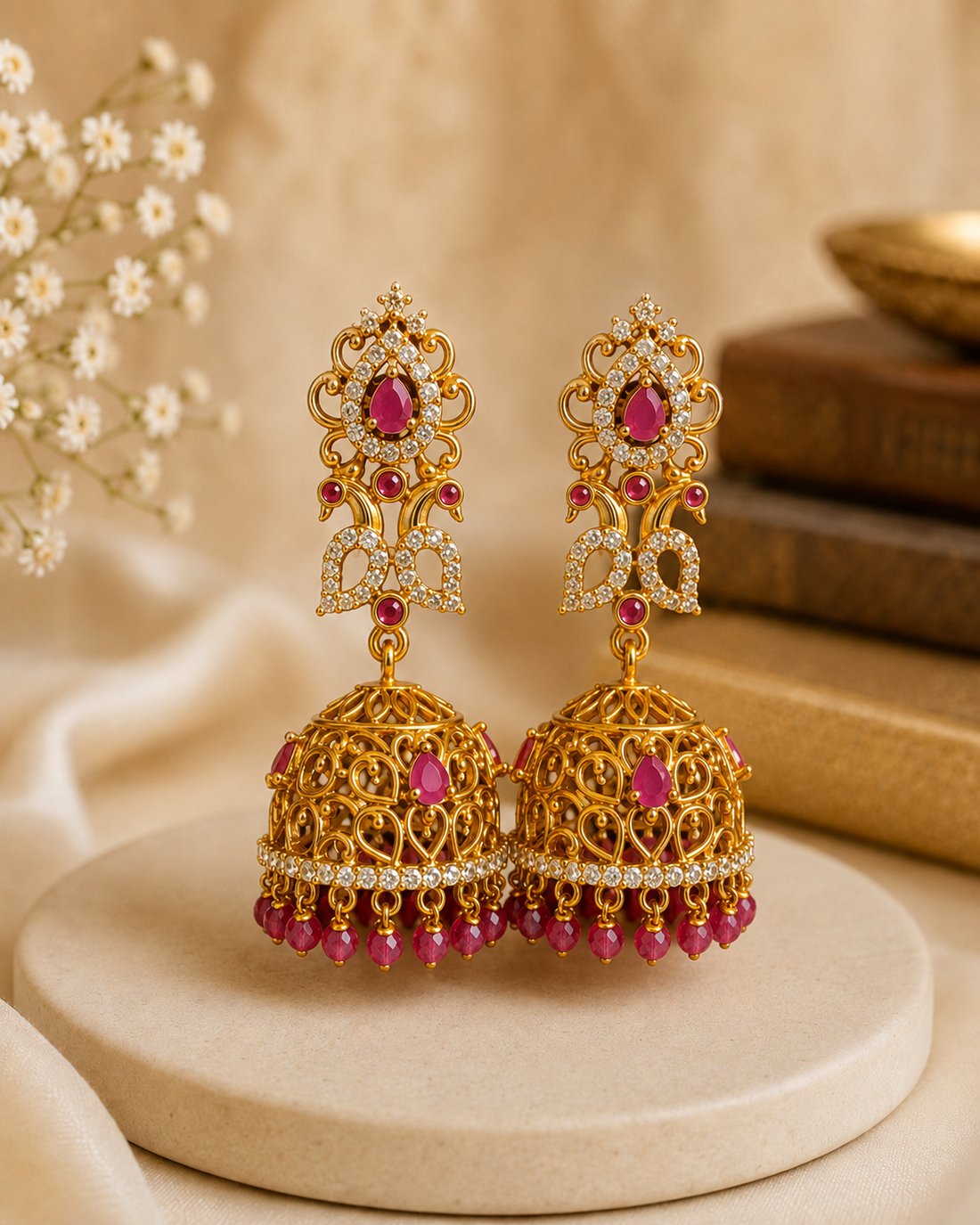 Gold Ruby Teardrop CZ Pave Chandelier Stud with Filigree Dome Jhumka Earrings | OLS10