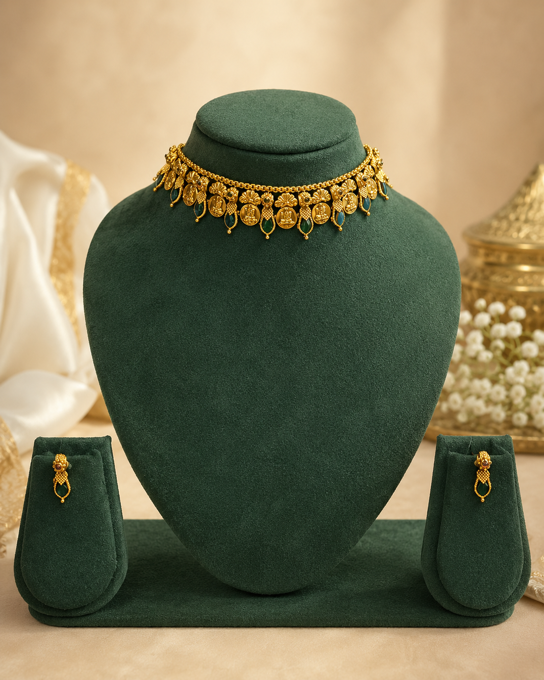 Antique Gold Lakshmi Coin Fan Shell Emerald Drop Temple Choker Set | OL119