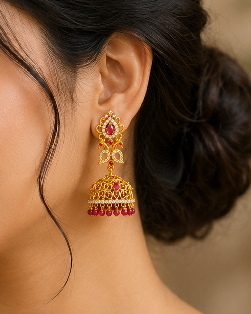 Gold Ruby Teardrop CZ Pave Chandelier Stud with Filigree Dome Jhumka Earrings | OLS10