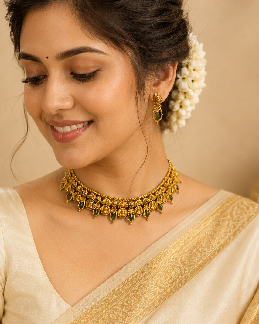 Antique Gold Lakshmi Coin Fan Shell Emerald Drop Temple Choker Set | OL119
