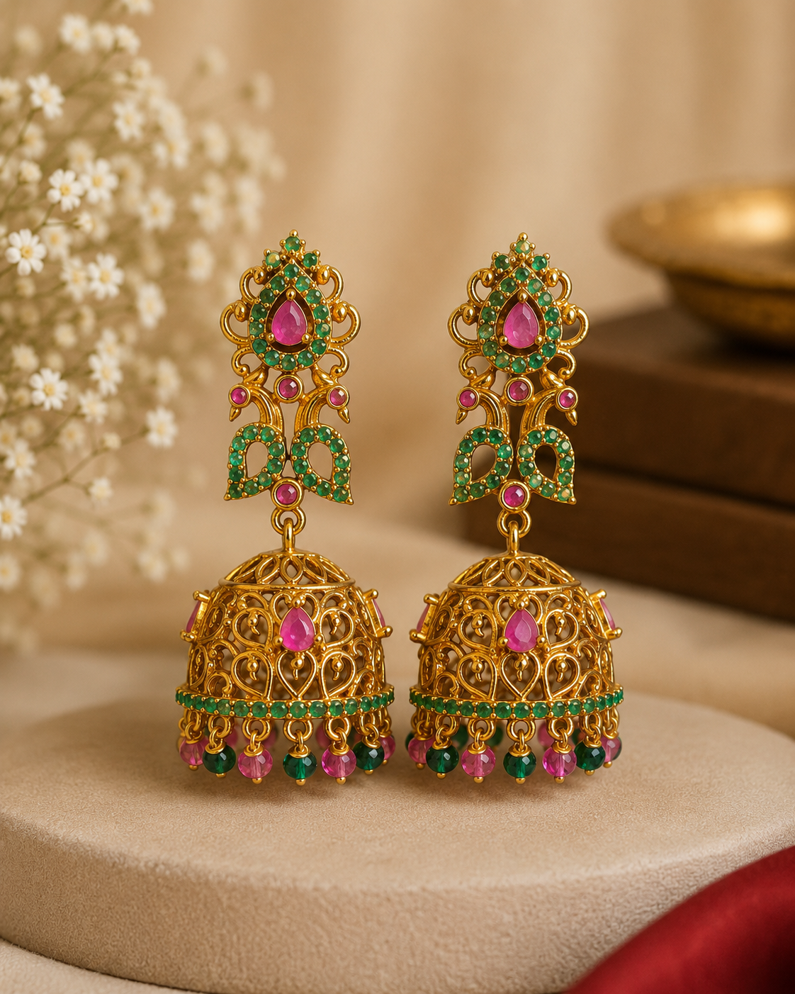 Gold Ruby Teardrop CZ Pave Chandelier Stud with Filigree Dome Jhumka Earrings | OLS10