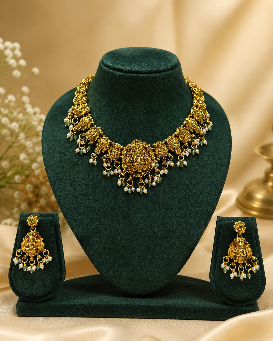 Antique Gold Nakshi Lakshmi Temple Choker Necklace Set with Chandbalis | OL129