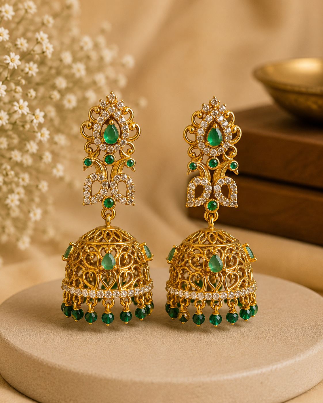 Gold Ruby Teardrop CZ Pave Chandelier Stud with Filigree Dome Jhumka Earrings | OLS10