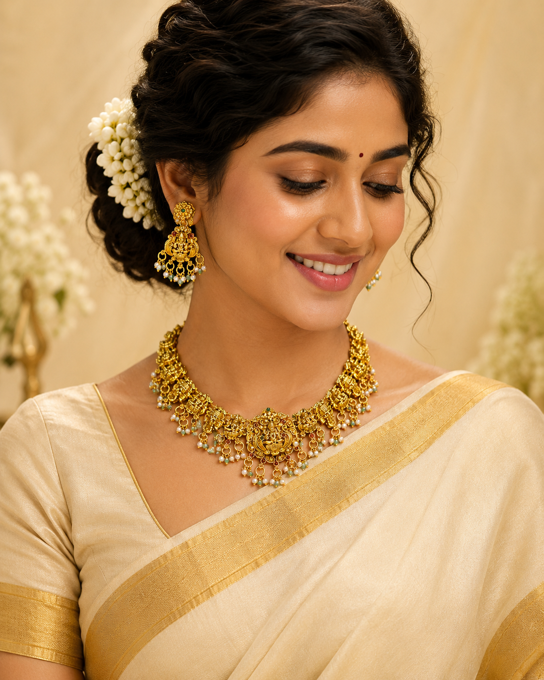 Antique Gold Nakshi Lakshmi Temple Choker Necklace Set with Chandbalis | OL129
