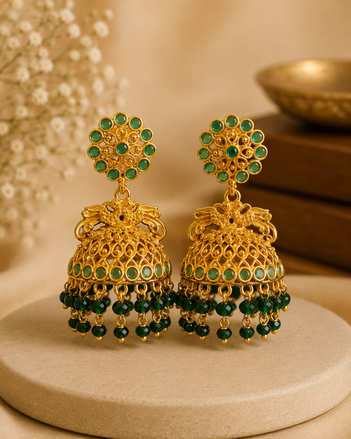 Gold CZ Round Flower Stud Peacock Filigree Dome Jhumka Earrings | OLS10