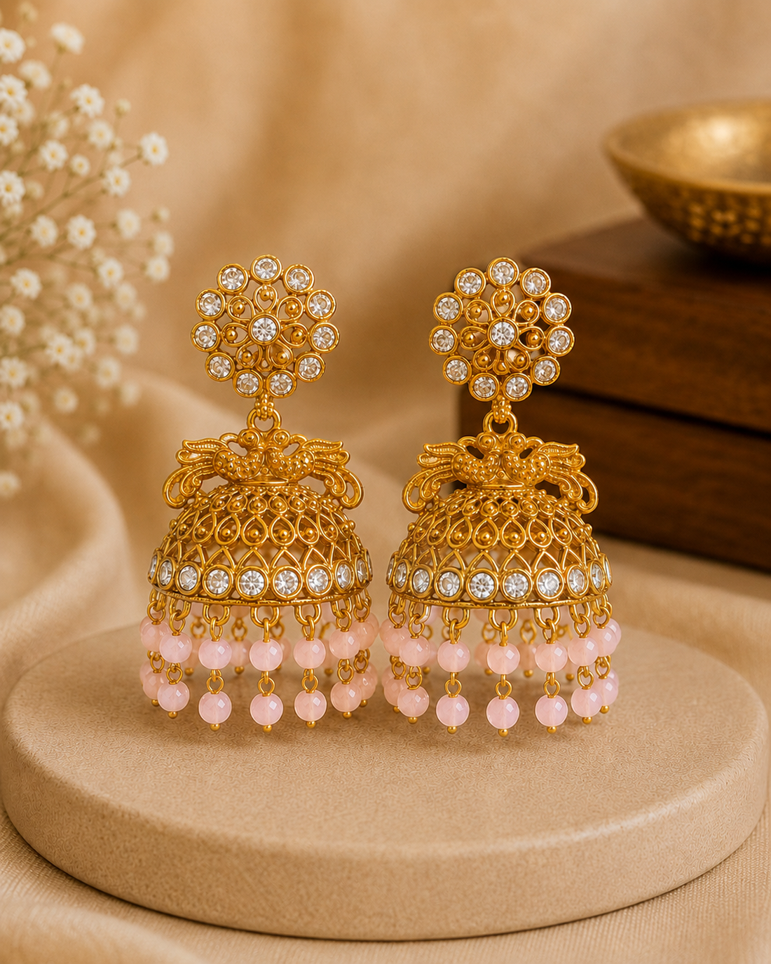 Gold CZ Round Flower Stud Peacock Filigree Dome Jhumka Earrings | OLS10