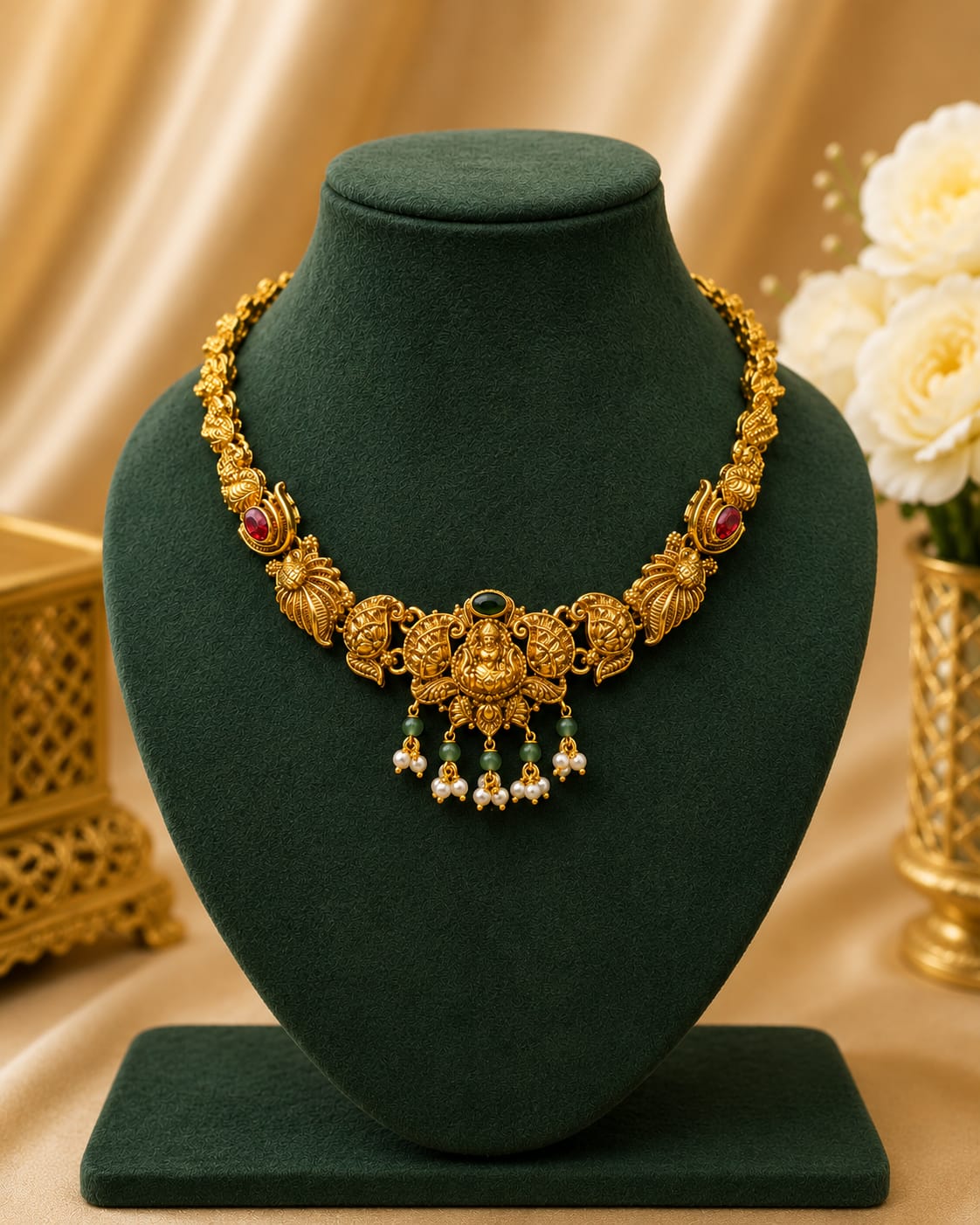 Antique Gold Nakshi Lakshmi Peacock Fan Necklace with Ruby Emerald | OL141