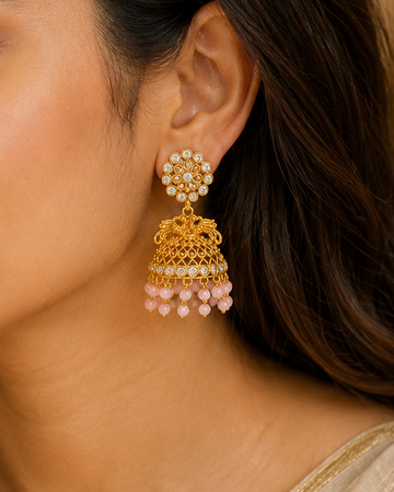 Gold CZ Round Flower Stud Peacock Filigree Dome Jhumka Earrings | OLS10