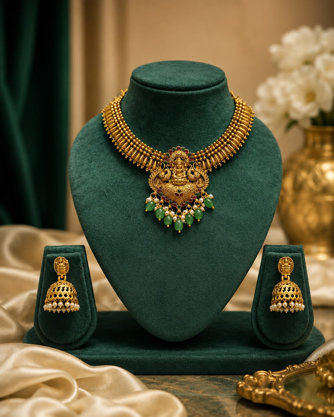 Antique Gold Gajlakshmi Granulated Choker Necklace Set with Jade Drops | OL140