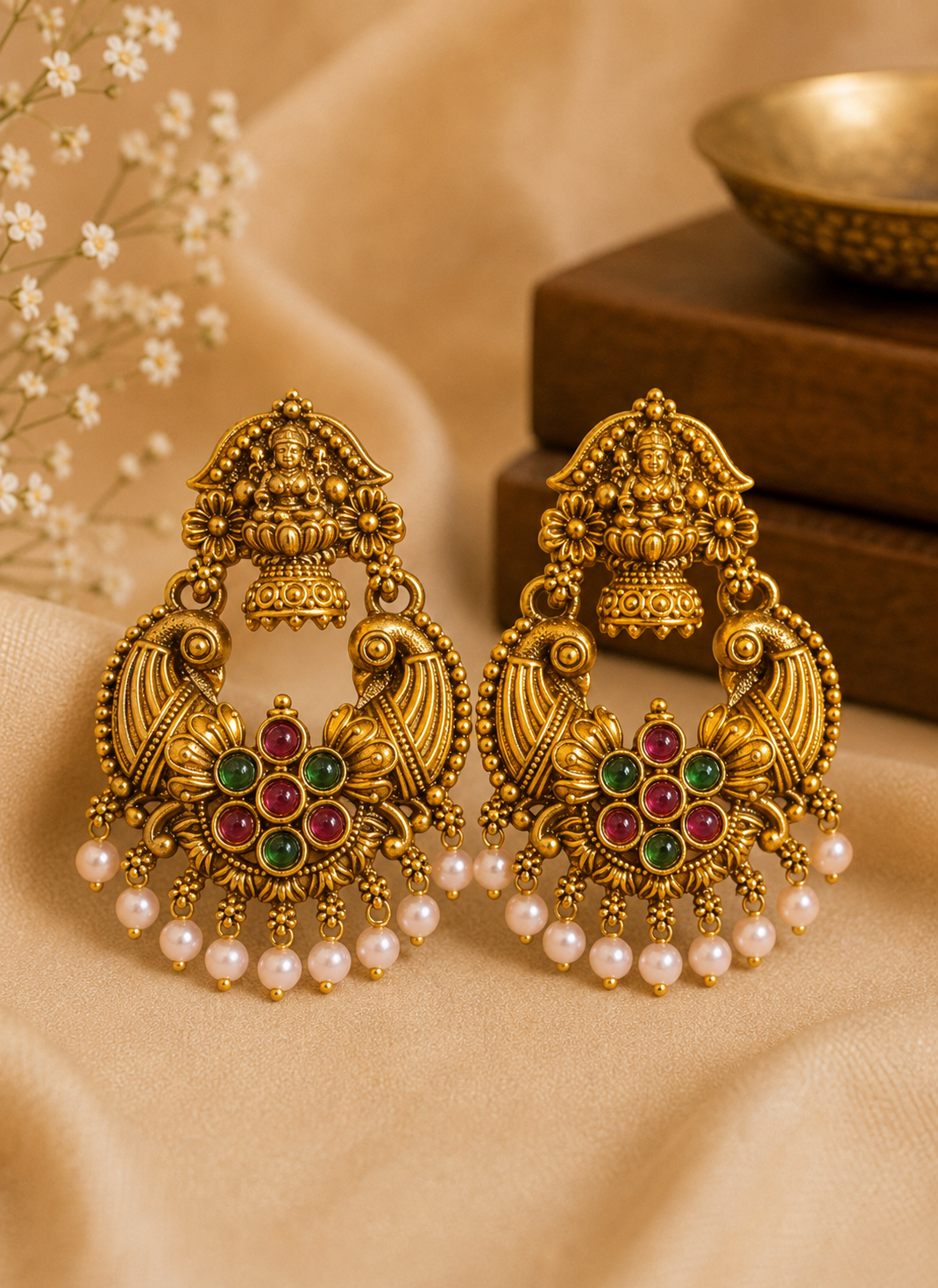 Antique Gold Goddess Lakshmi Temple Chandbali Earrings with Pearl Drops | OLS8