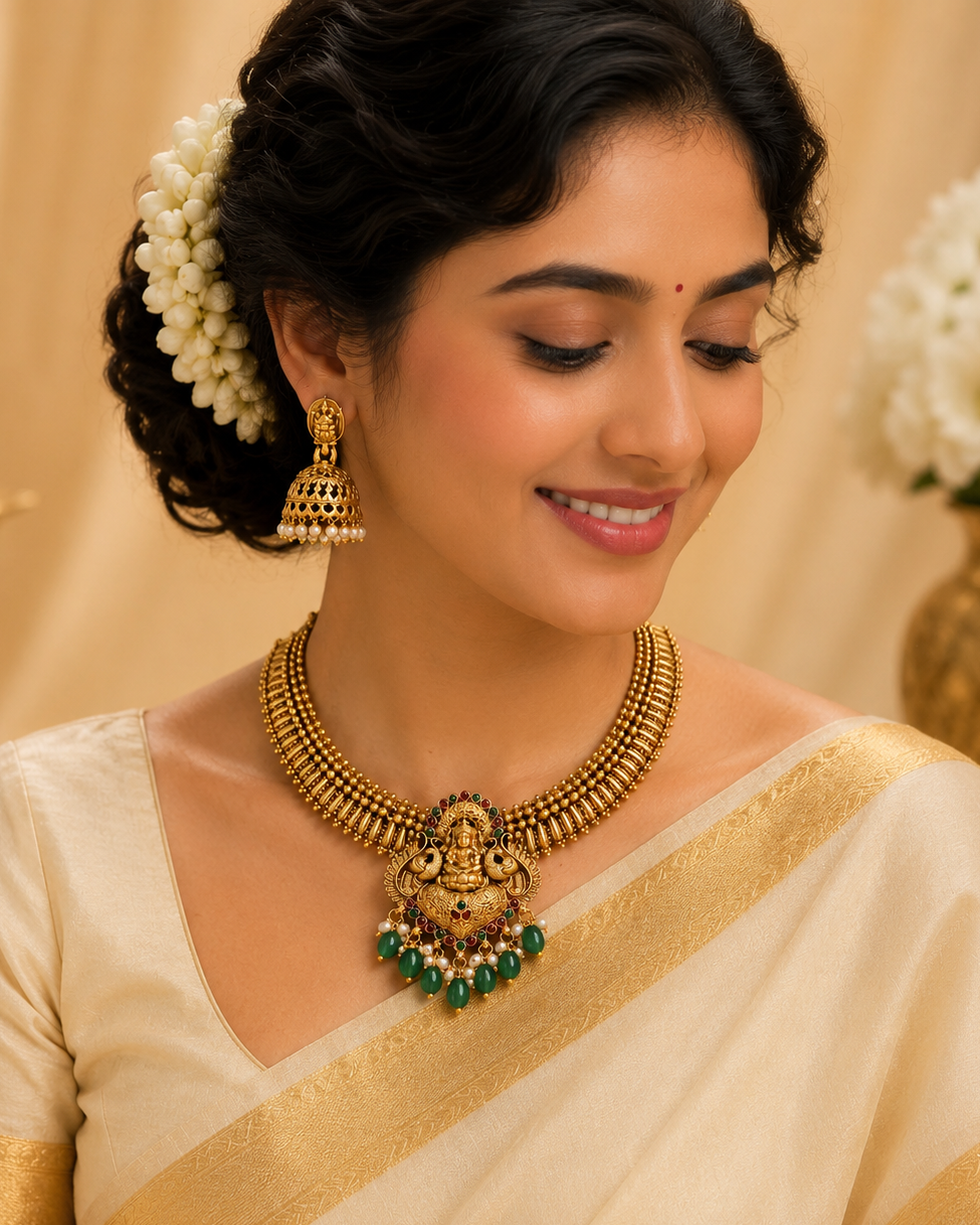 Antique Gold Gajlakshmi Granulated Choker Necklace Set with Jade Drops | OL140