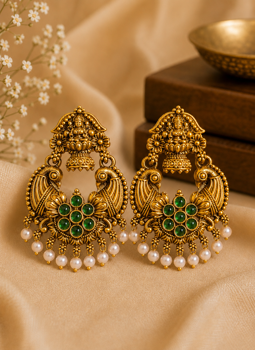Antique Gold Goddess Lakshmi Temple Chandbali Earrings with Pearl Drops | OLS8