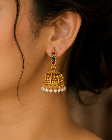 Antique Gold Goddess Lakshmi Open Cage Dome Jhumka Earrings | OLS1
