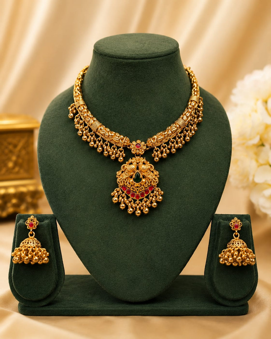 Antique Gold Nakshi Peacock Pendant Choker Necklace Set with Jhumkas | OL73