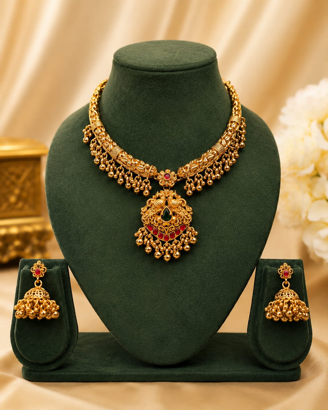 Antique Gold Nakshi Peacock Pendant Choker Necklace Set with Jhumkas | OL73