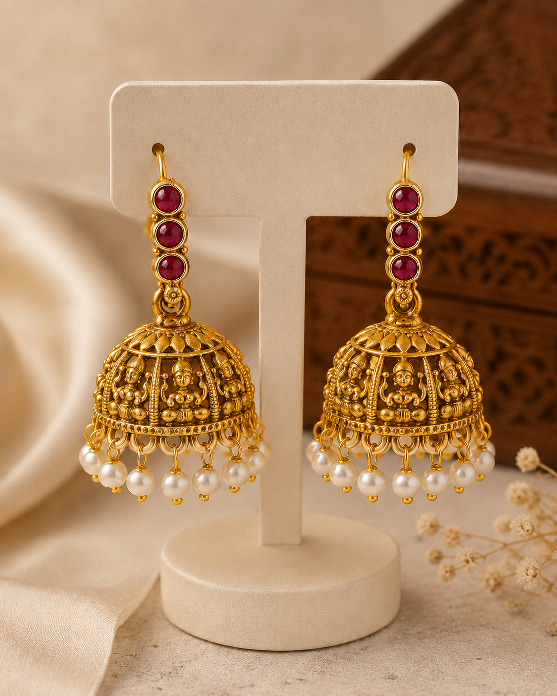 Antique Gold Goddess Lakshmi Open Cage Dome Jhumka Earrings | OLS1