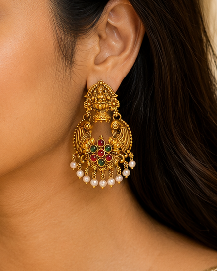 Antique Gold Goddess Lakshmi Temple Chandbali Earrings with Pearl Drops | OLS8