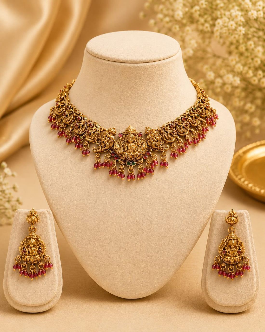 Antique Gold Nakshi Gajlakshmi Filigree Scroll Choker Necklace Set | OL72