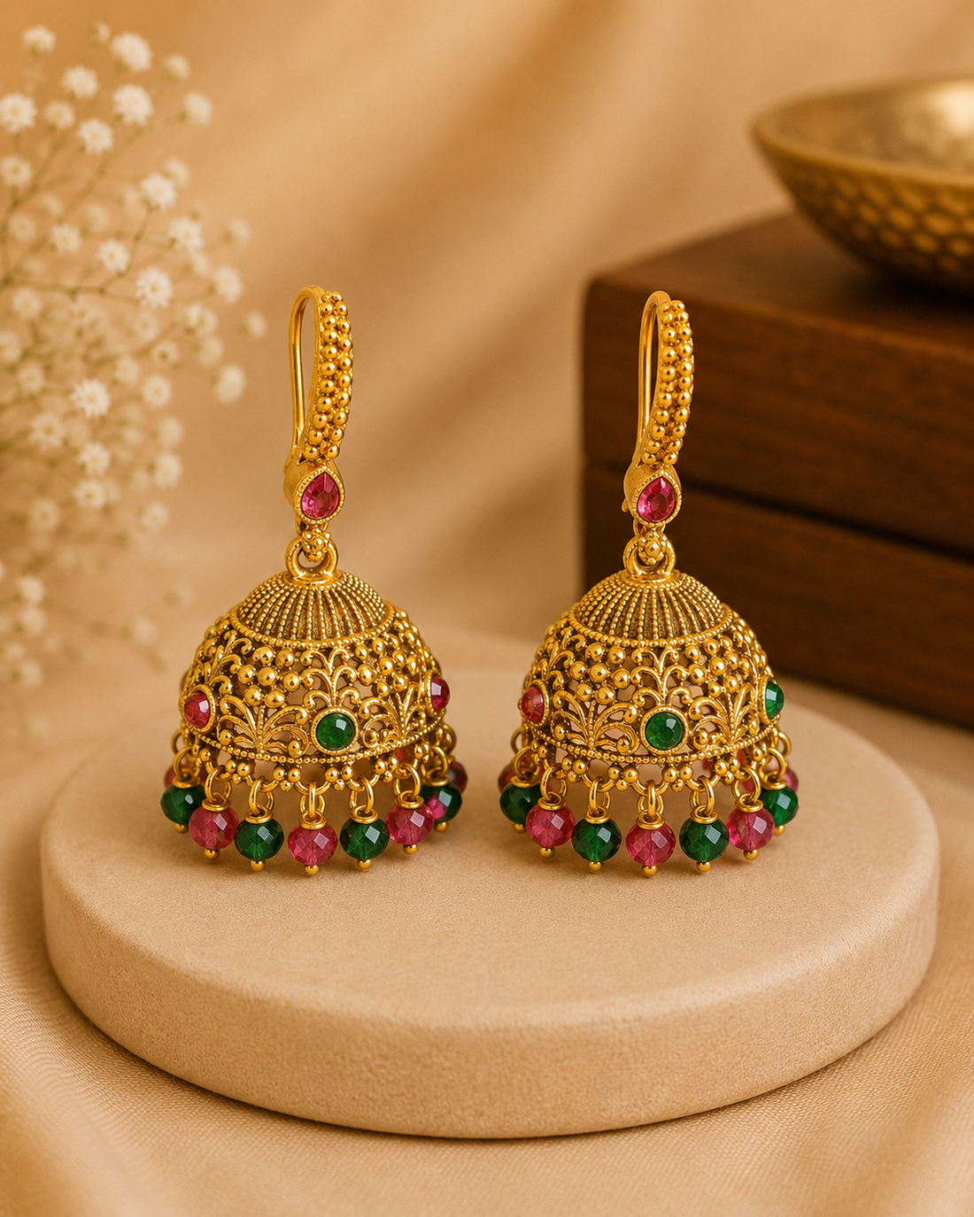 Gold Ruby Teardrop Hoop Lever Back Grand Dome Jhumka Earrings | OLS7
