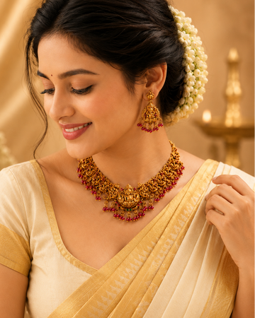 Antique Gold Nakshi Gajlakshmi Filigree Scroll Choker Necklace Set | OL72