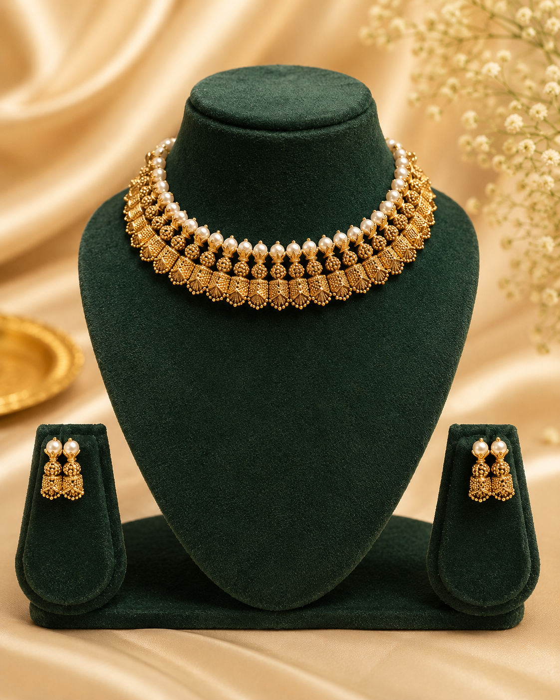 Antique Gold Granulated Fan Shell Pearl Double Row Choker Necklace Set | OL91