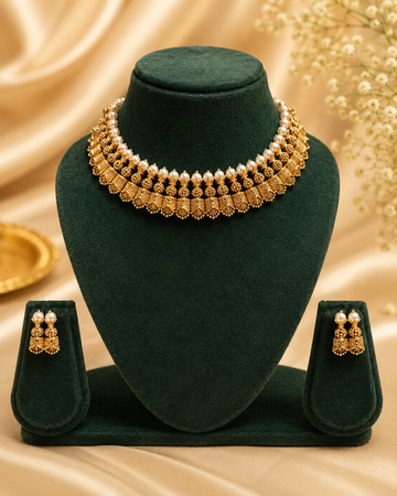 Antique Gold Granulated Fan Shell Pearl Double Row Choker Necklace Set | OL91
