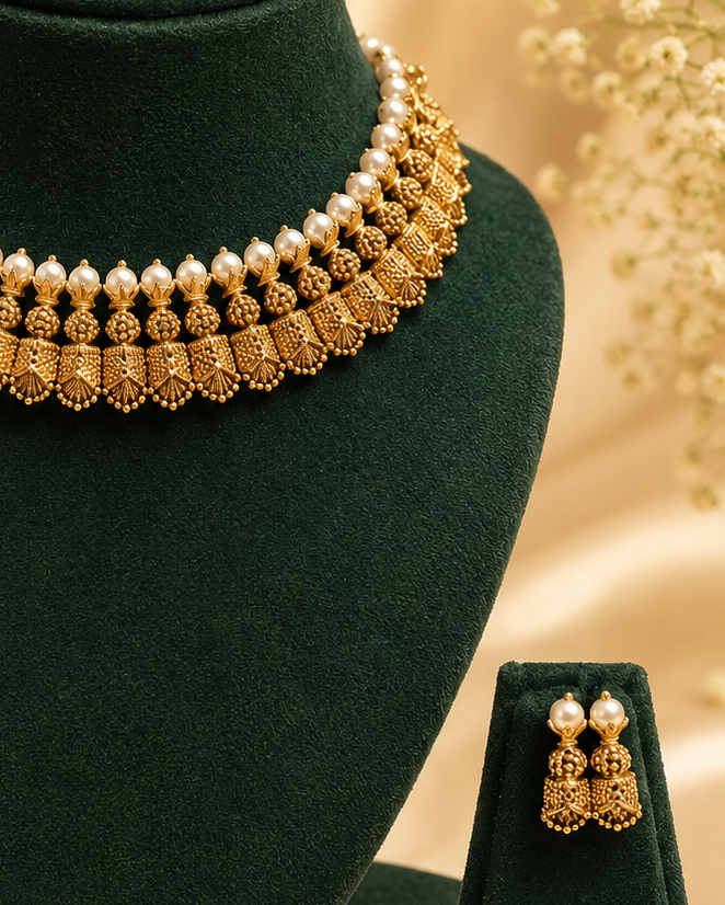 Antique Gold Granulated Fan Shell Pearl Double Row Choker Necklace Set | OL91