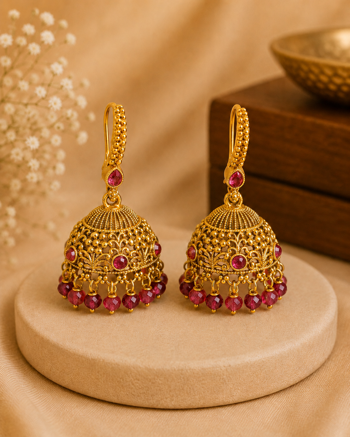 Gold Ruby Teardrop Hoop Lever Back Grand Dome Jhumka Earrings | OLS7