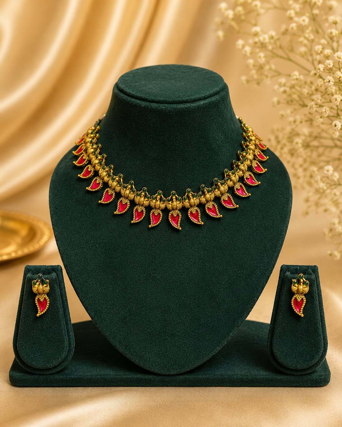 Antique Gold Pink Kemp Teardrop Granulated Choker Necklace Set | OL81